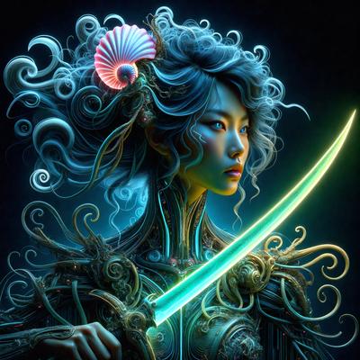 The primary subject of the image is a woman with long hair, holding a sword. She is wearing a costume and has a shell on her head. The setting is a dark, possibly futuristic environment. The visual style is digital art, with the woman being depicted as a character in a video game or an animated film. The colors are predominantly dark, with the woman's costume and the sword being the main focus of the image. The mood is intense and dramatic, as the woman is portrayed as a warrior or a powerful character.